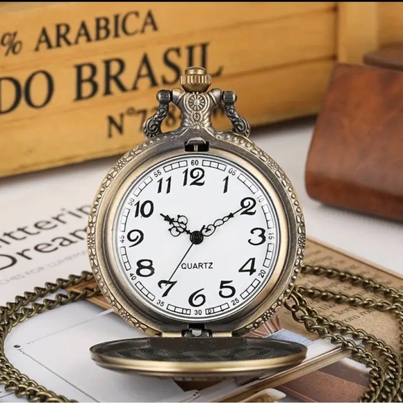 antique style pocket watch with a bronze finish and a truck design on the front - Picture 7 of 11